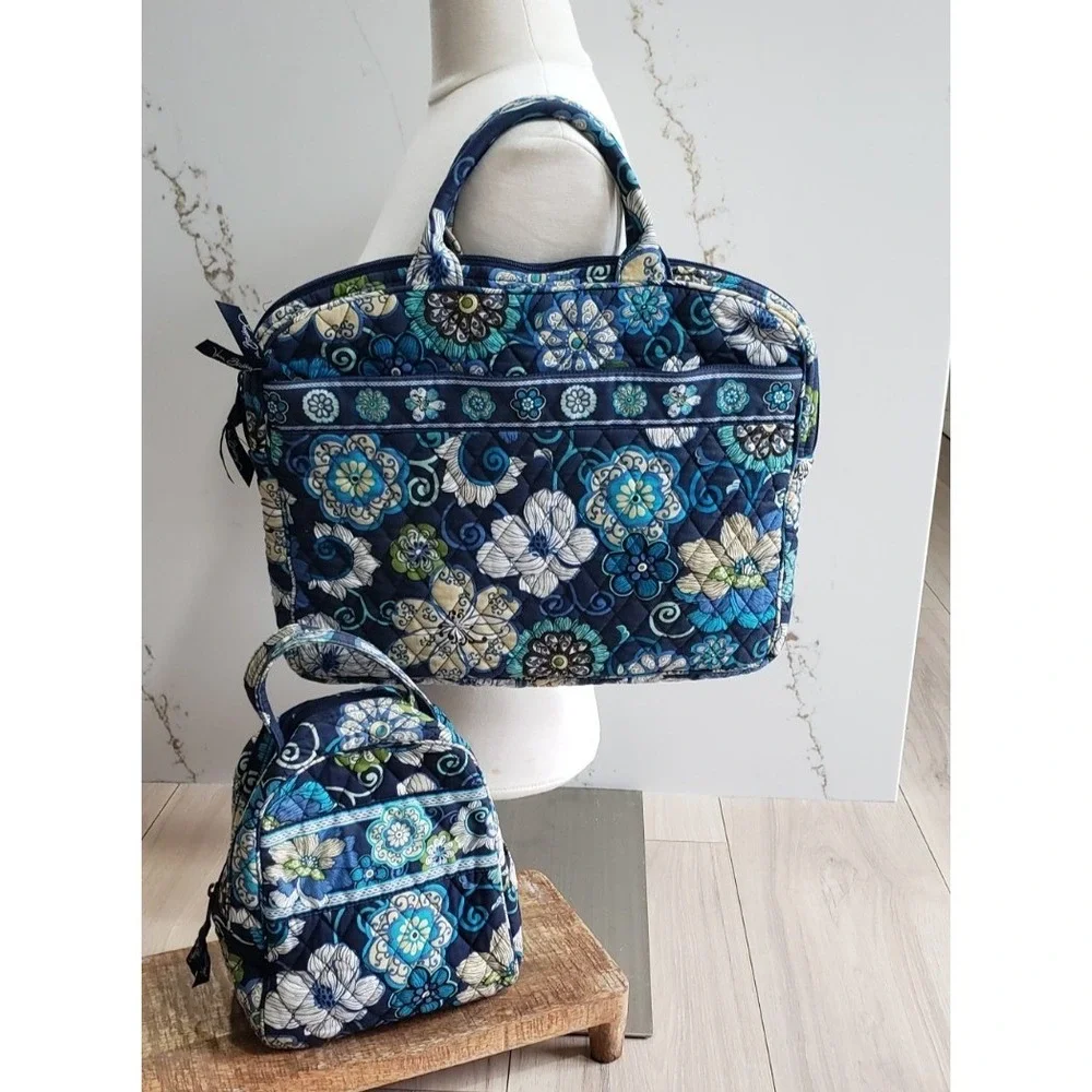 Vintage Vera Bradley Laptop Case & Lunch Bag Blue Floral Quilted Set Made in USA